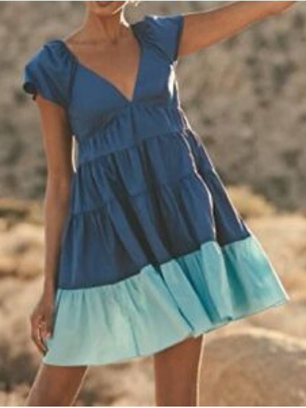 STAUD Corsica Blue Tiered Mini Dress Puff Sleeve colorblock dress